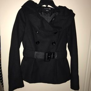 Black Pea Coat with Ruffled Neck